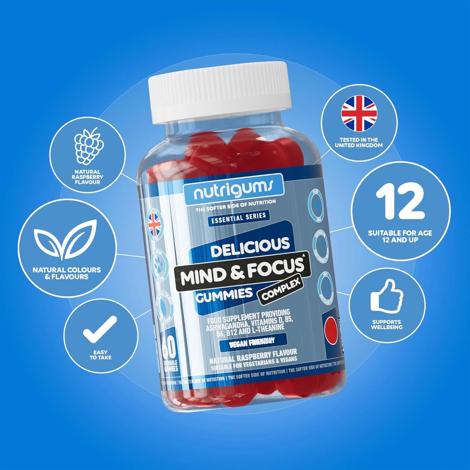 Mind & Focus Ashwagandha Gummy | Ashwagandha, L-Theanine, Vitamins D, B5, B6 & B12 | Raspberry Flavour | 60 Vegan Gummies | Cognitive Health, Nervous System and Mental Performance by NUTRIGUMS®