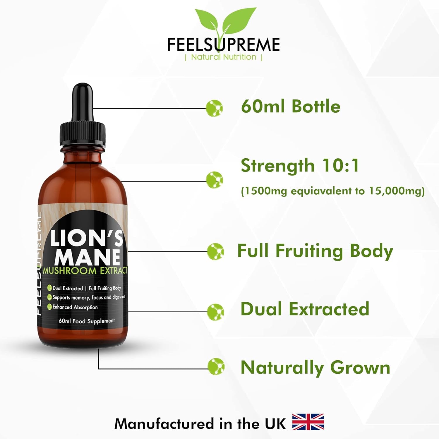 Feel Supreme - Lions Mane Supplement High Strength Mushroom Extract - Liquid Drops, 10:1 - Whole Fruiting Body - Brain Booster Supplements, Mushroom Supplement, Lions Mane Drops - 60Ml