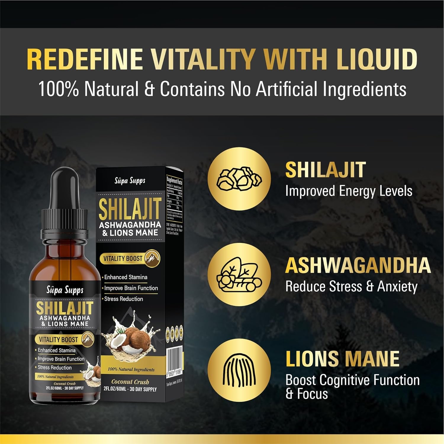 Shilajit, Ashwagandha, Lions Mane Liquid Drops - 120Ml Coconut Flavour - Testosterone Booster for Energy, Focus & Vitality - Ashwagandha & Lions Mane Supplement for Men - Natural Shilajit Complex 2Pk