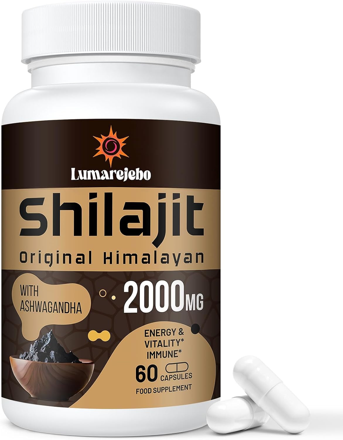 Shilajit Capsules 2000MG, Gold Grade 100% Pure Himalayan Shilajit, High Strength with Ashwagandha, 60% Fulvic Acid & Minerals, Energy & Immune Support for Men & Women, 60 Count (Pack of 1)