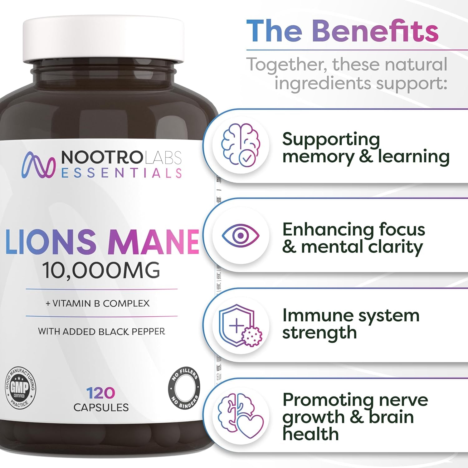 Nootro Labs Essentials Lion'S Mane Capsules (60 Servings), 10000Mg Lions Mane Supplement with Vitamin B Complex to Support Focus and Brain Function
