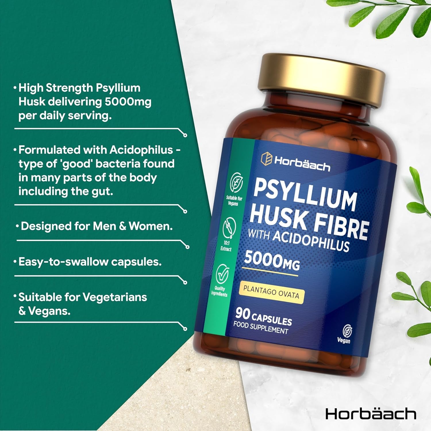 Psyllium Husk Capsules 5000Mg with Acidophilus | Natural Soluble Fibre Supplement with Probio | Plantago Ovata Seed Husk Extract | 90 Vegan Capsules | by Horbaach
