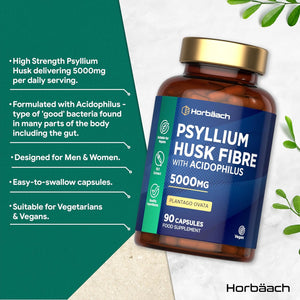 Psyllium Husk Capsules 5000Mg with Acidophilus | Natural Soluble Fibre Supplement with Probio | Plantago Ovata Seed Husk Extract | 90 Vegan Capsules | by Horbaach