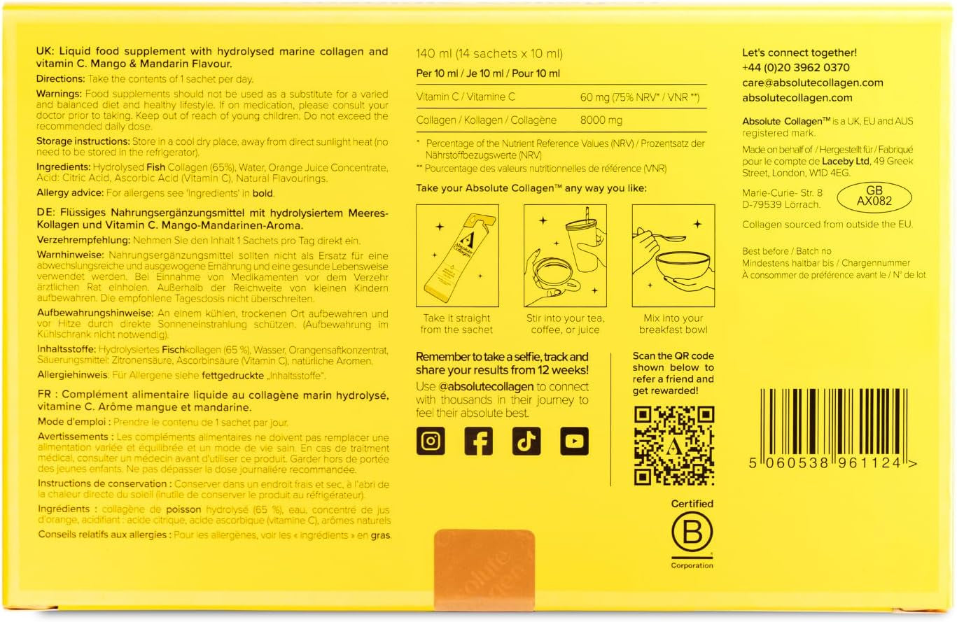 Absolute Collagen Marine Liquid Collagen Supplement for Women, 8000Mg High-Strength Collagen with Vitamin C, Sugar-Free, for Skin, Hair & Nails, Mango & Mandarin Flavour, 14 Sachets per Box