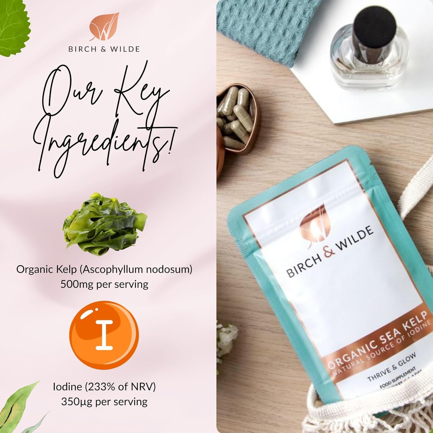 Sea Kelp 500 Mg with Iodine, High Strength Vegan Supplement for Thyroid Support and Skin, Soil Association Organic and Made in UK, 60 Capsules (2 Months Supply)