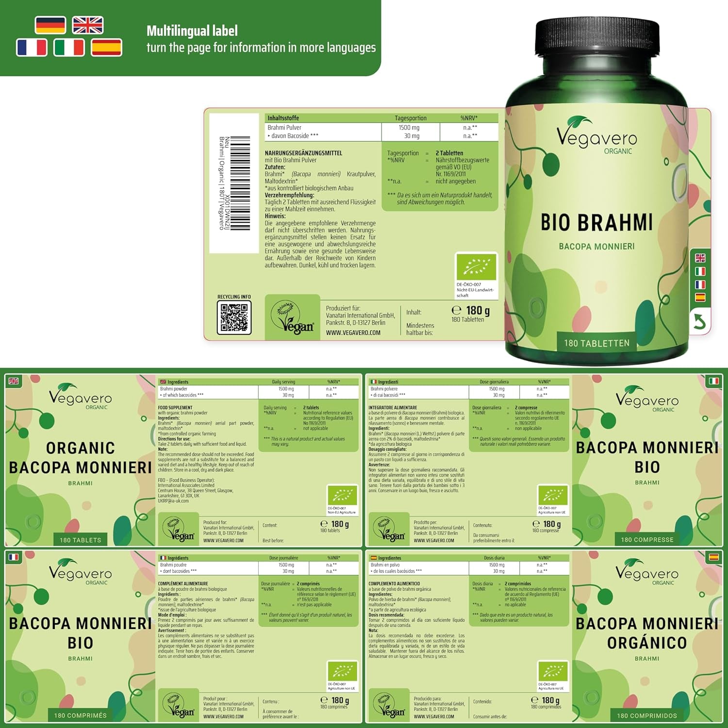 Vegavero Organic Bacopa Monnieri | 1500 Mg Brahmi | 2% Natural Bacosides | Lab-Tested | 180 Tablets | Vegan