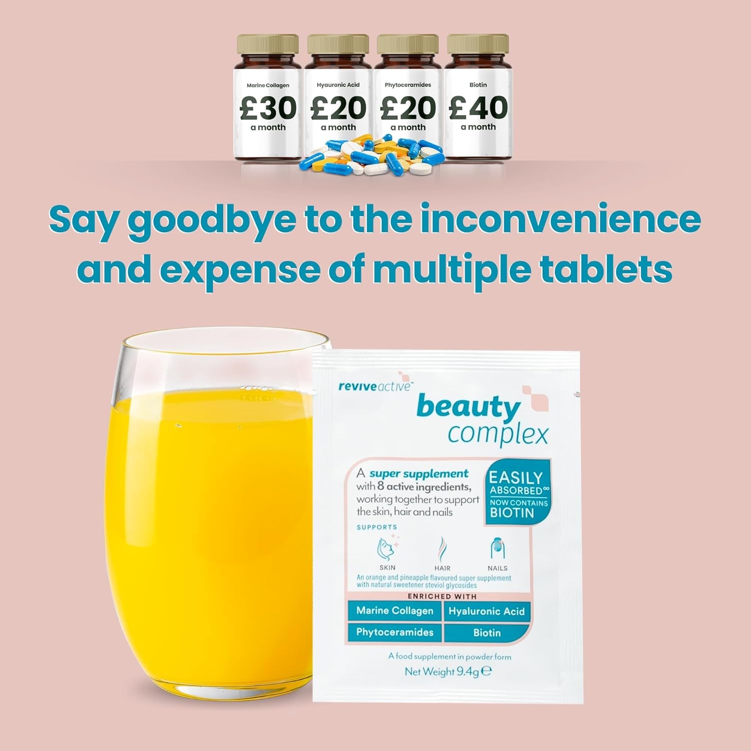 Beauty Complex Collagen Super Supplement by Revive Active - 8 Active Ingredients to Support Skin, Hair & Nails - Marine Peptides, Hyaluronic Acid, Vitamin C, Phytoceramides & Biotin 30 Day Supply