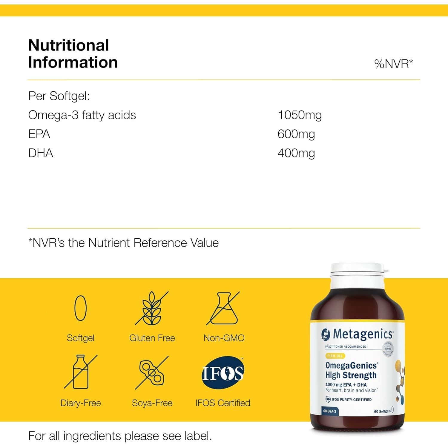 Metagenics Omegagenics - High Strength Omega-3 Pure Fish Oil Supplement - 1000Mg EPA & DHA - 60 Capsules