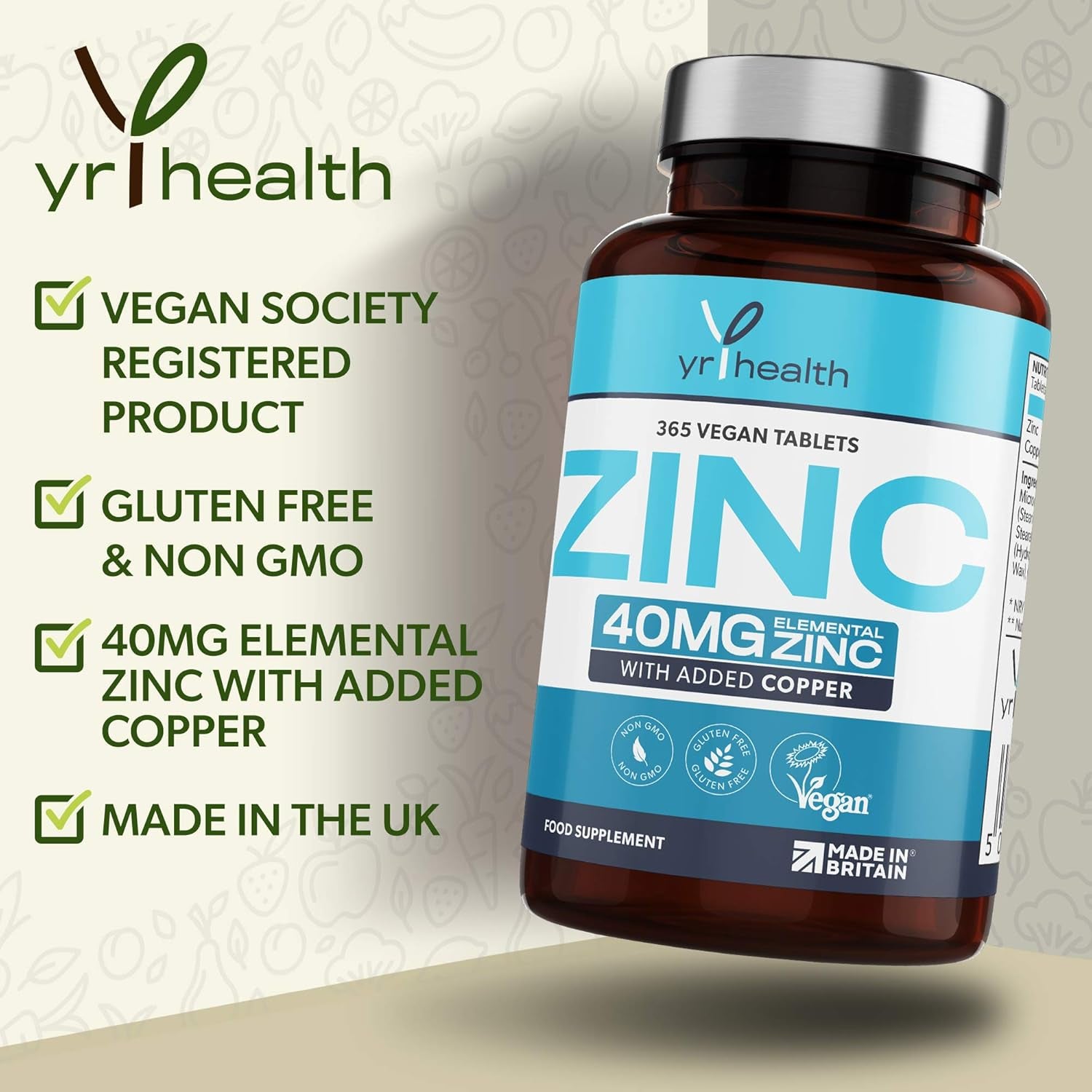 Vegan Zinc Tablets High Strength 40Mg - 365 Premium Zinc Gluconate Tablets - Zinc Supplements, 12 Month'S Supply - Zinc and Copper Supplement - Zinc 40Mg - Made in the UK by Yrhealth