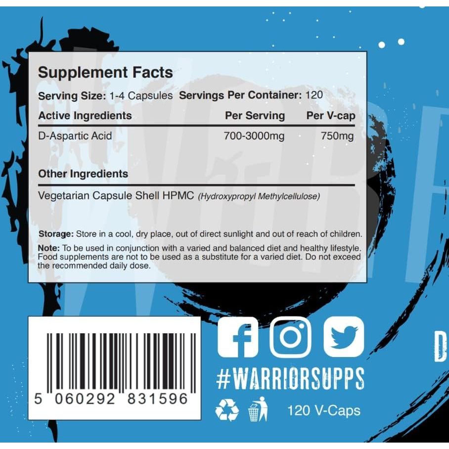 Warrior DAA D-Aspartic Acid Supplement 750Mg – 120 Capsules Pure Testosterone Support Supplement for Men with Muscle Growth, Strength & Vitality Natural Ingredients