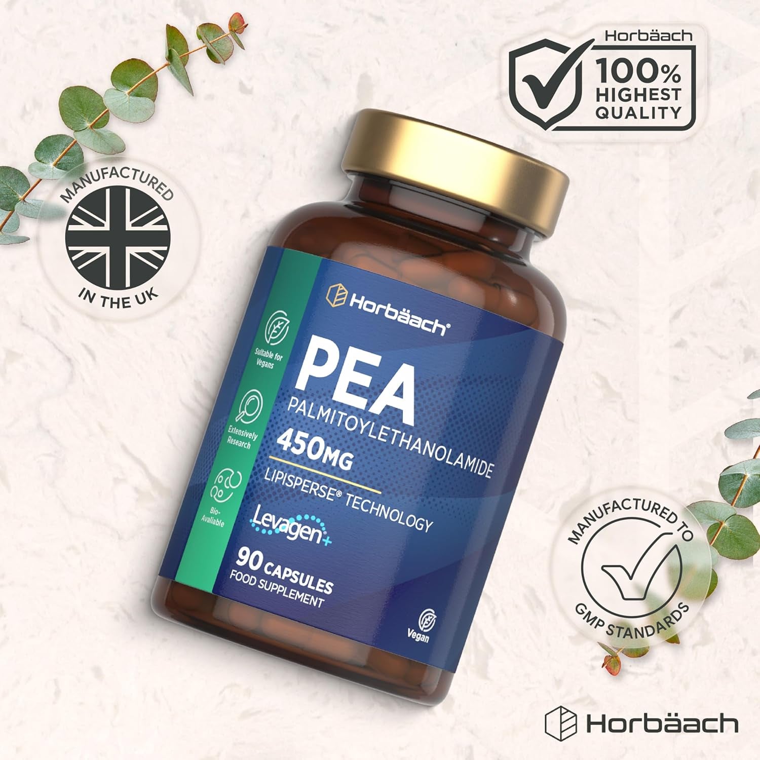 Palmitoylethanolamide Pea 450Mg | Levagen plus Pea | 90 Vegan Capsules | by Horbaach