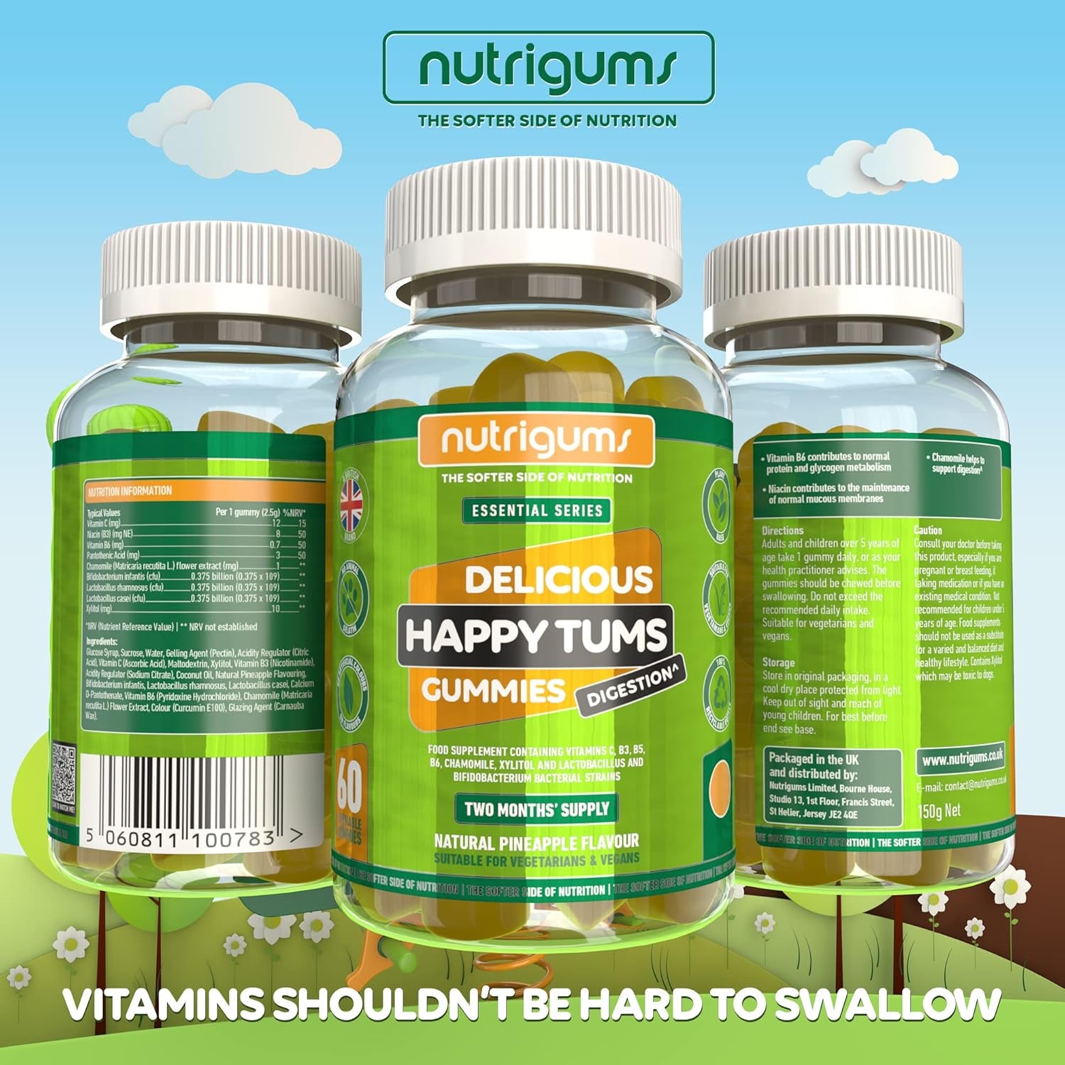 Happy Tums Probiotic Complex Gummy | 1.125 Billion CFU Triple Strain Probiotics, Vitamin C, B3, B5, B6 & Chamomile 1000Mg | Pineapple Flavour | 60 Vegan Gummies | Gut & Digestive Health by NUTRIGUMS®