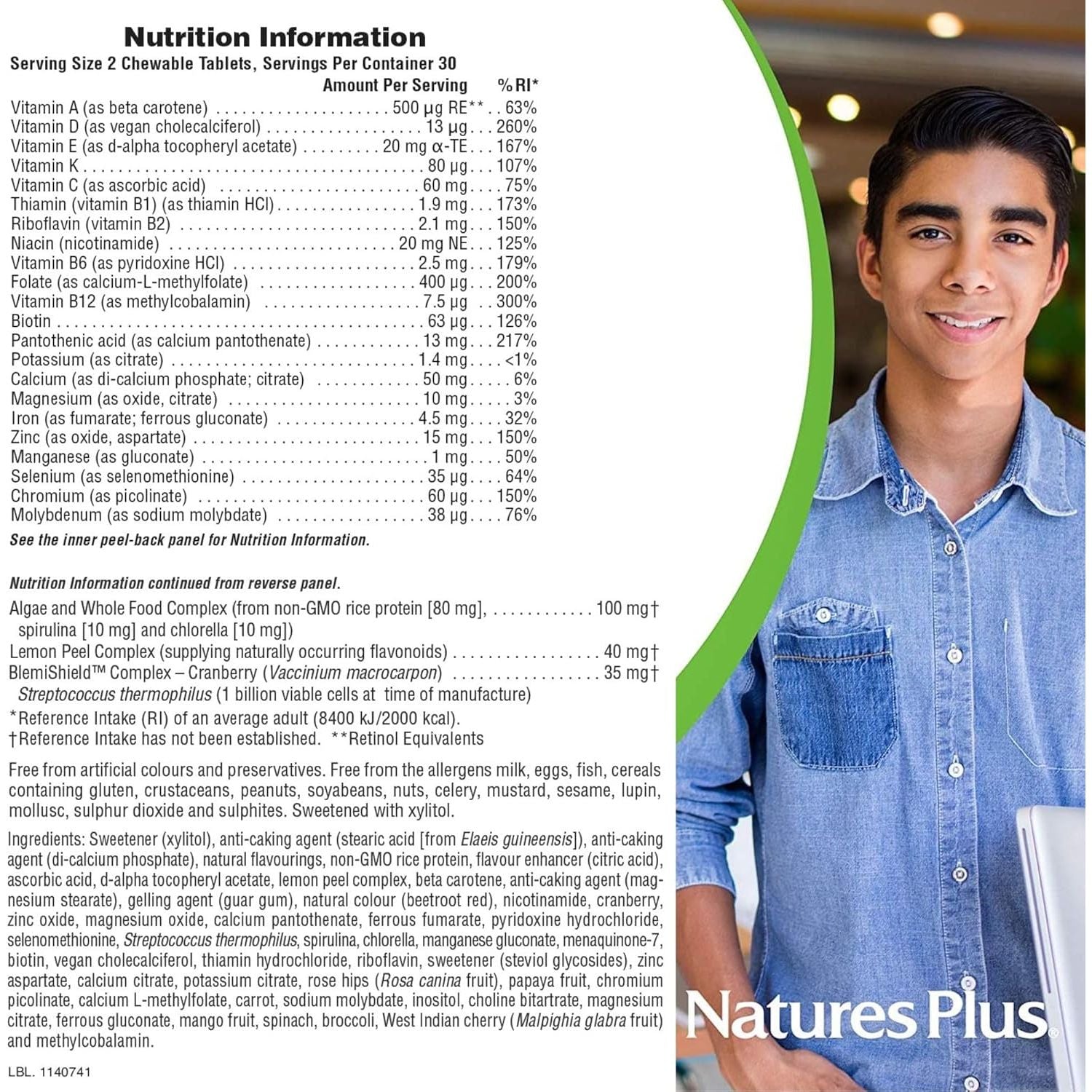 Naturesplus Power Teen for Him - Tasty Plant Based Chewable Multi Vitamins and Minerals for Teen Boys - Vegan, Gluten Free - 60 Wild Berry Flavour Tablets
