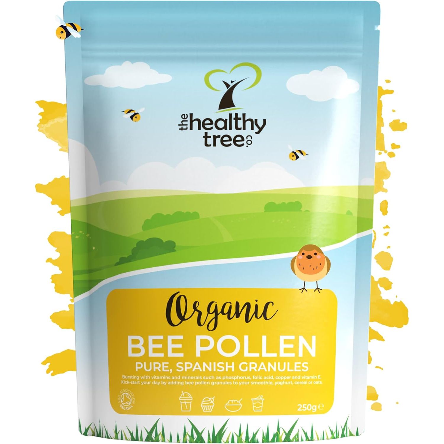 Organic Bee Pollen by Thehealthytree Company in Recyclable Packaging - Raw, Spanish Bee Pollen Granules 250G