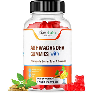 Scotlabs Reduce Stress Formula - Ashwagandha, Levander, Chamomile & Lemon Balm Gummies with Added Vitamin B6, Sugar-Free Vegan, Natural Mango Flavour Candy