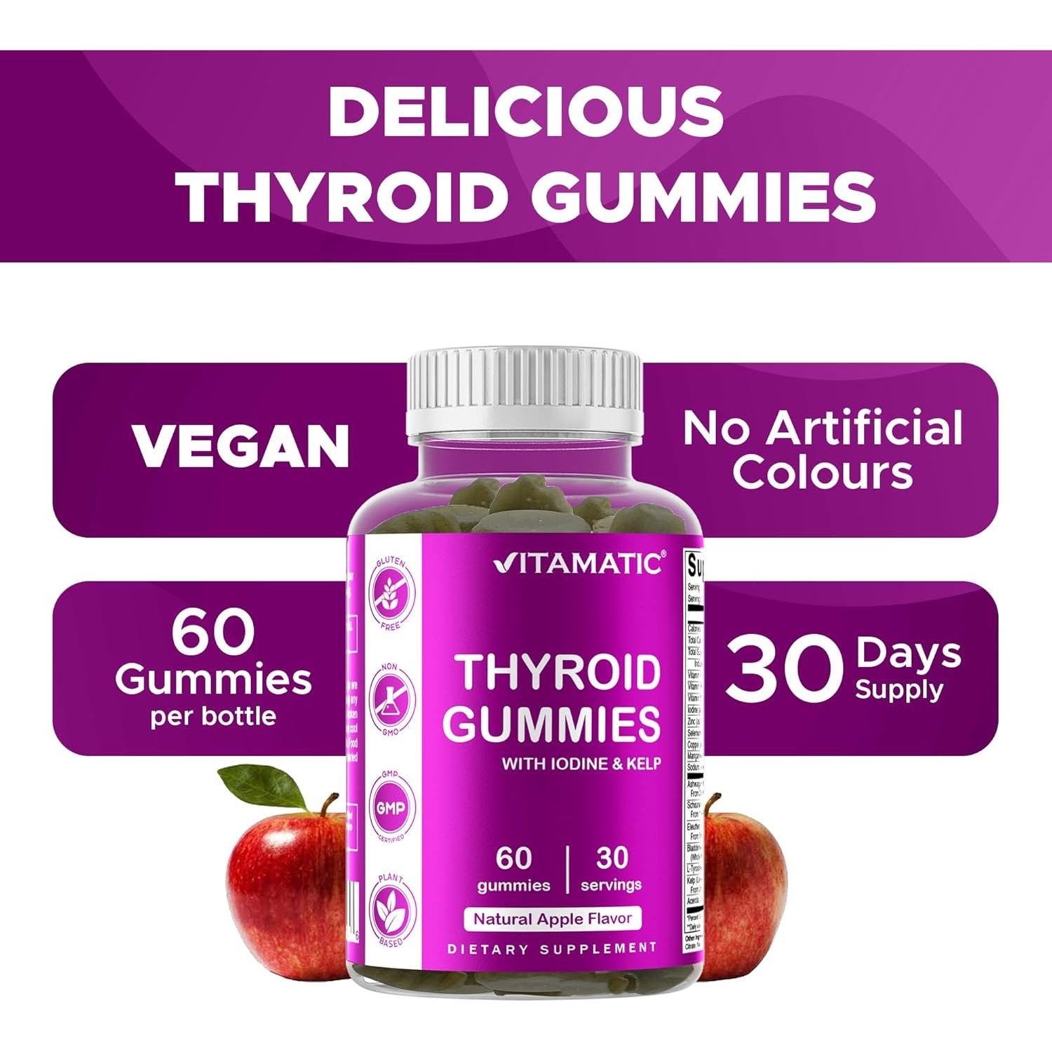 Vitamatic Vegan Thyroid Support Gummies with Iodine & Kelp - 60 Count - Improve Your Energy & Increase Metabolism - Plant Based