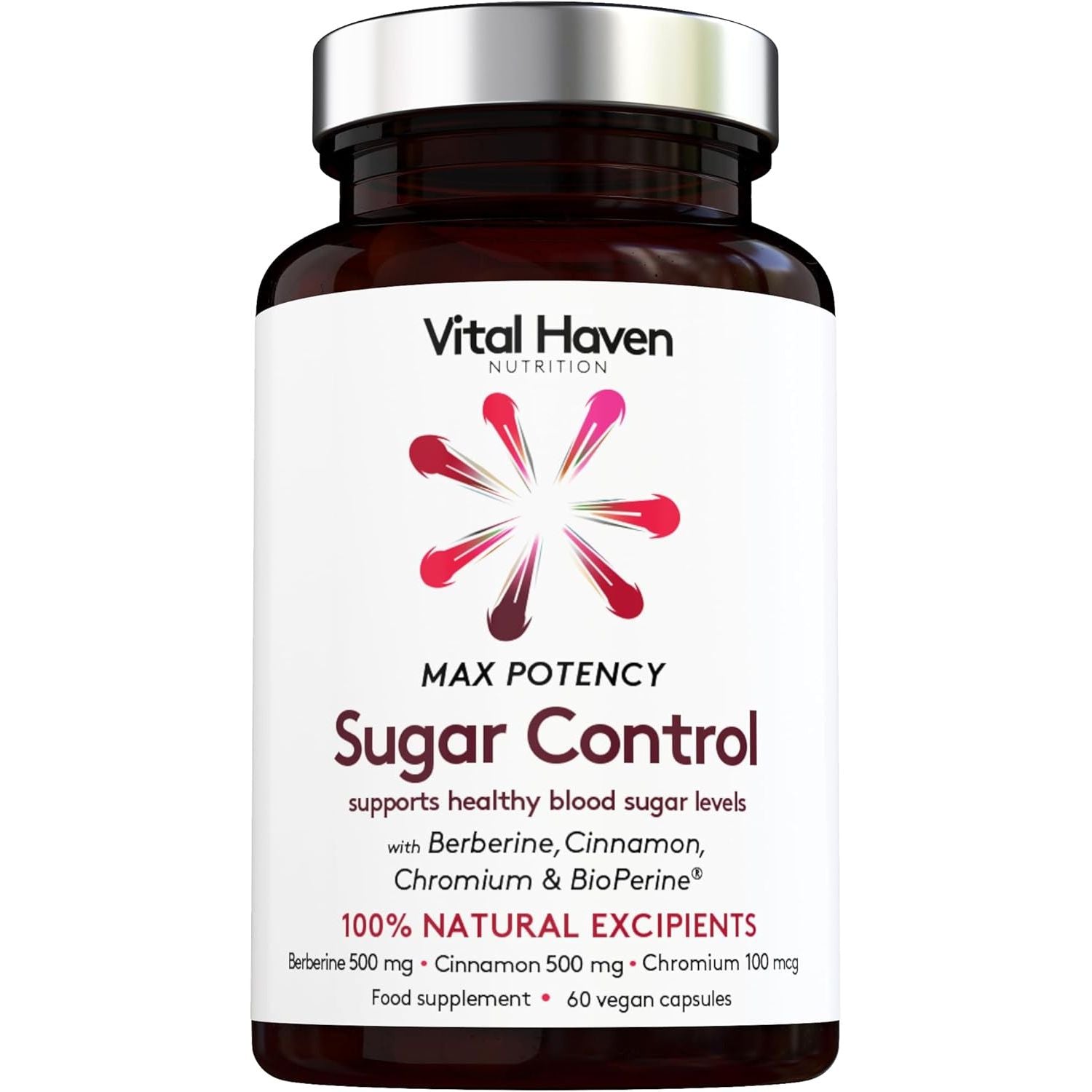 [Vital Haven] Berberine 98% 500Mg, Cinnamon 500Mg, Chromium 100Mg with Bioperine for Maximum Absorption - 60 Capsules - High Strength - Blood Sugar Control - Premium Ingredients - Made in the UK