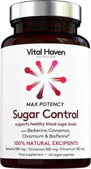 [Vital Haven] Berberine 98% 500Mg, Cinnamon 500Mg, Chromium 100Mg with Bioperine for Maximum Absorption - 60 Capsules - High Strength - Blood Sugar Control - Premium Ingredients - Made in the UK
