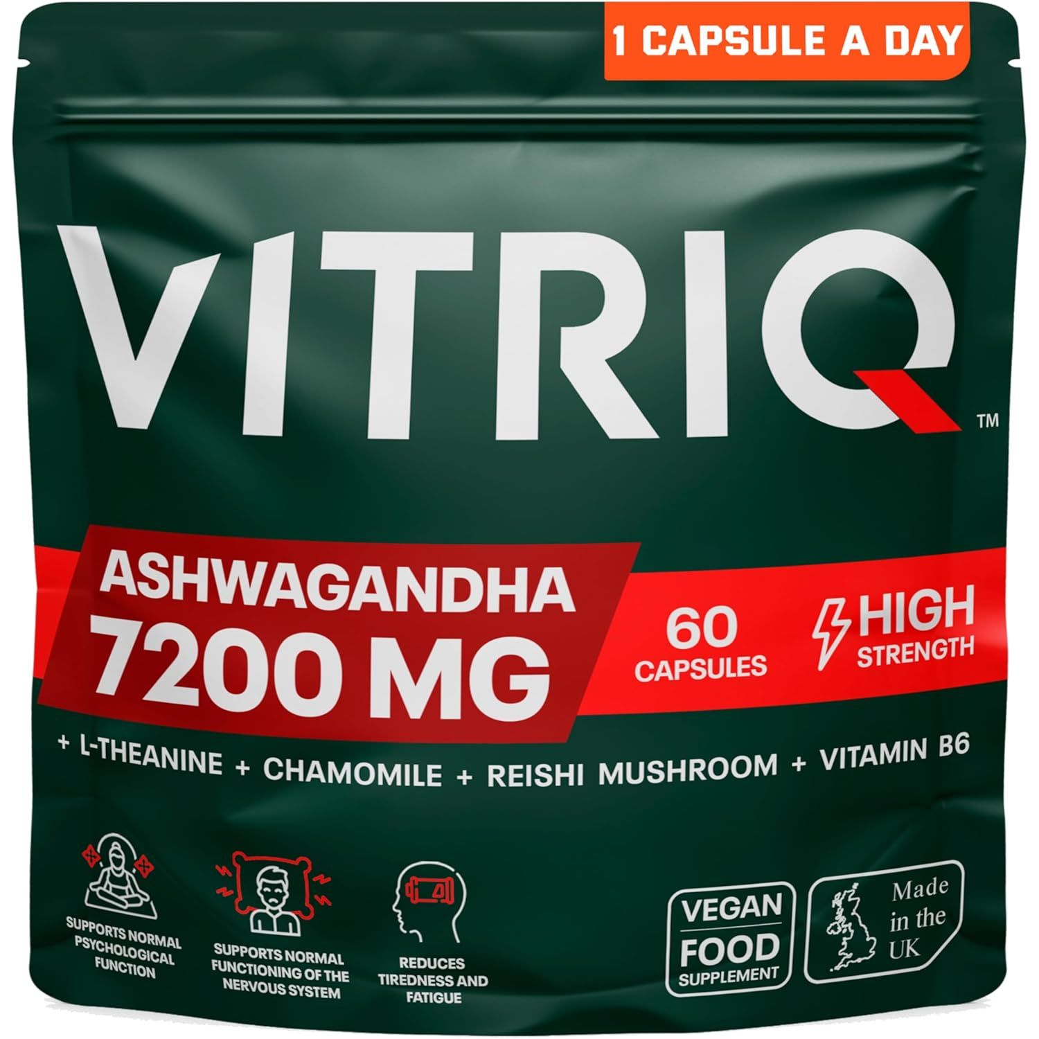 Organic Ashwagandha KSM-66 High Strength 7200Mg – 1-A-Day Calm Complex for Stress, Helps with Anxiety Relief and Restful Sleep – with Chamomile, Reishi, L-Theanine, Vitamin B6 – 60 Capsules