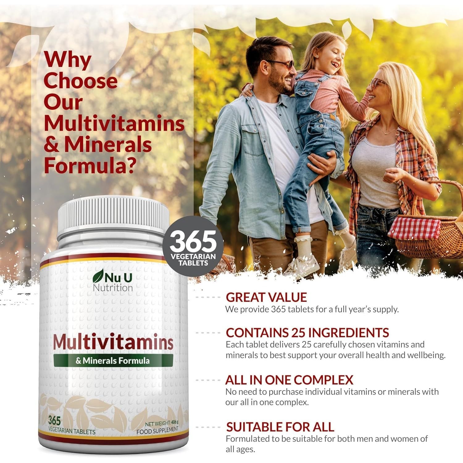 Nu U Nutrition - A-Z Multivitamin Tablets for Men & Women - 365 Tablets - 12 Month Supply - 25 Essential Multivitamins & Minerals Including Iron, Zinc & Vitamin D - One a Day - Made in the UK