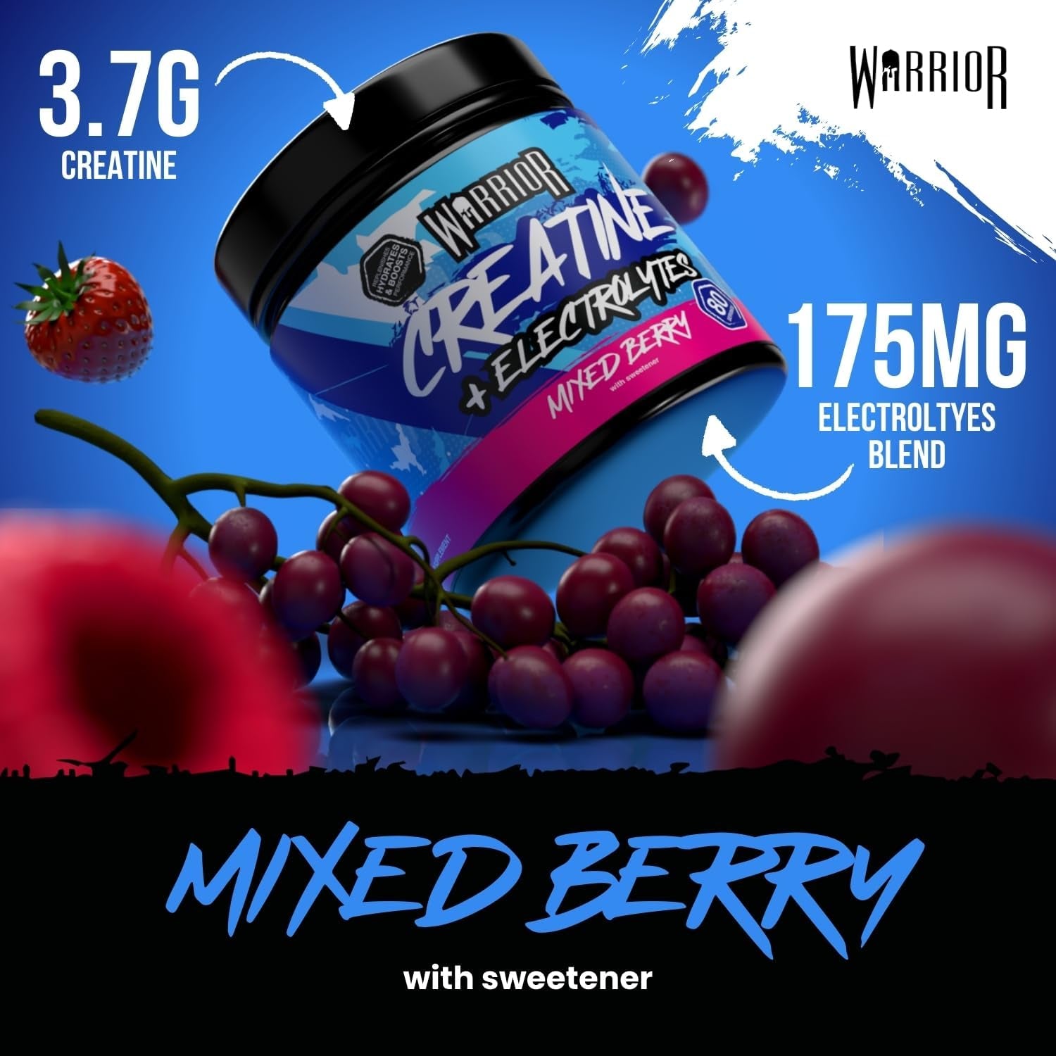 Warrior Creatine Monohydrate plus Electrolytes Powder 360G - Hydration and Performance Drink - Nutrition Shake to Promote Muscle Growth (Not Tablets, Sachet, Gummies) - 80 Servings (Mixed Berry)