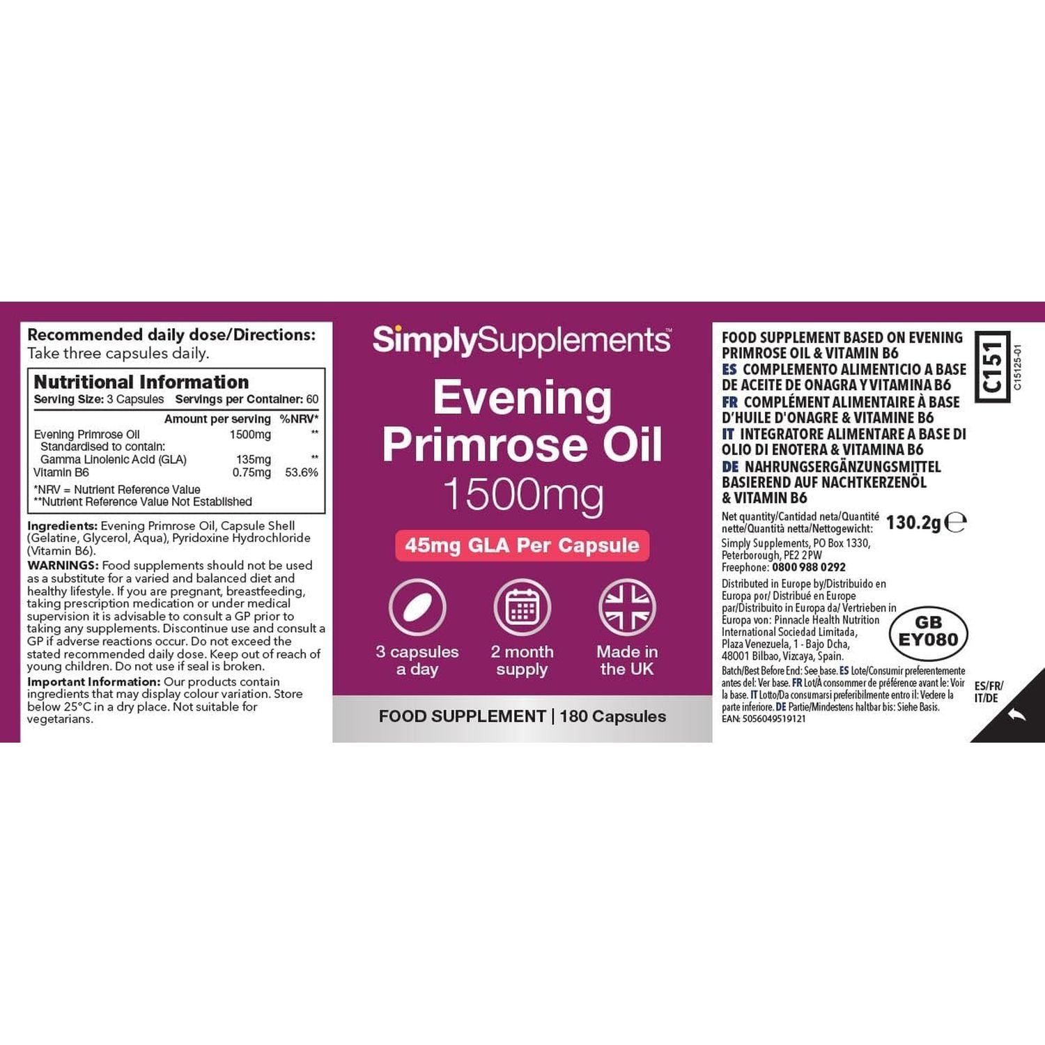 Evening Primrose Oil 1500Mg | 180 Capsules | Cold Pressed Soft Gel Capsules | Contains Rich Concentrations of Gamma Linolenic Acid (GLA)