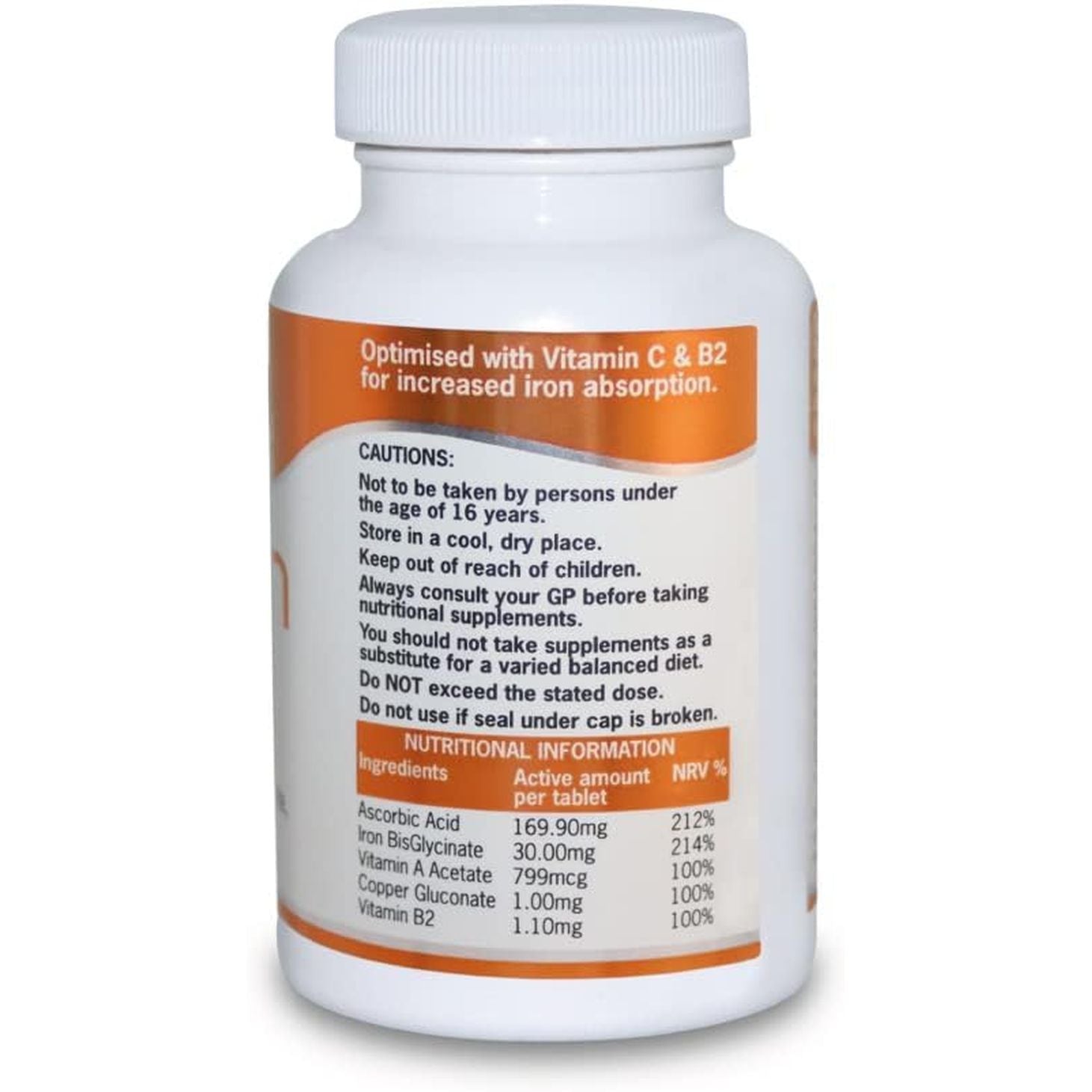 HAIRIRON - High Strength Iron Supplements - Gentle Iron Bisglycinate 30Mg with Vitamins C, a & B2 Tablets, Vegan Supplements for Men & Women'S Health - 90 Tablets.