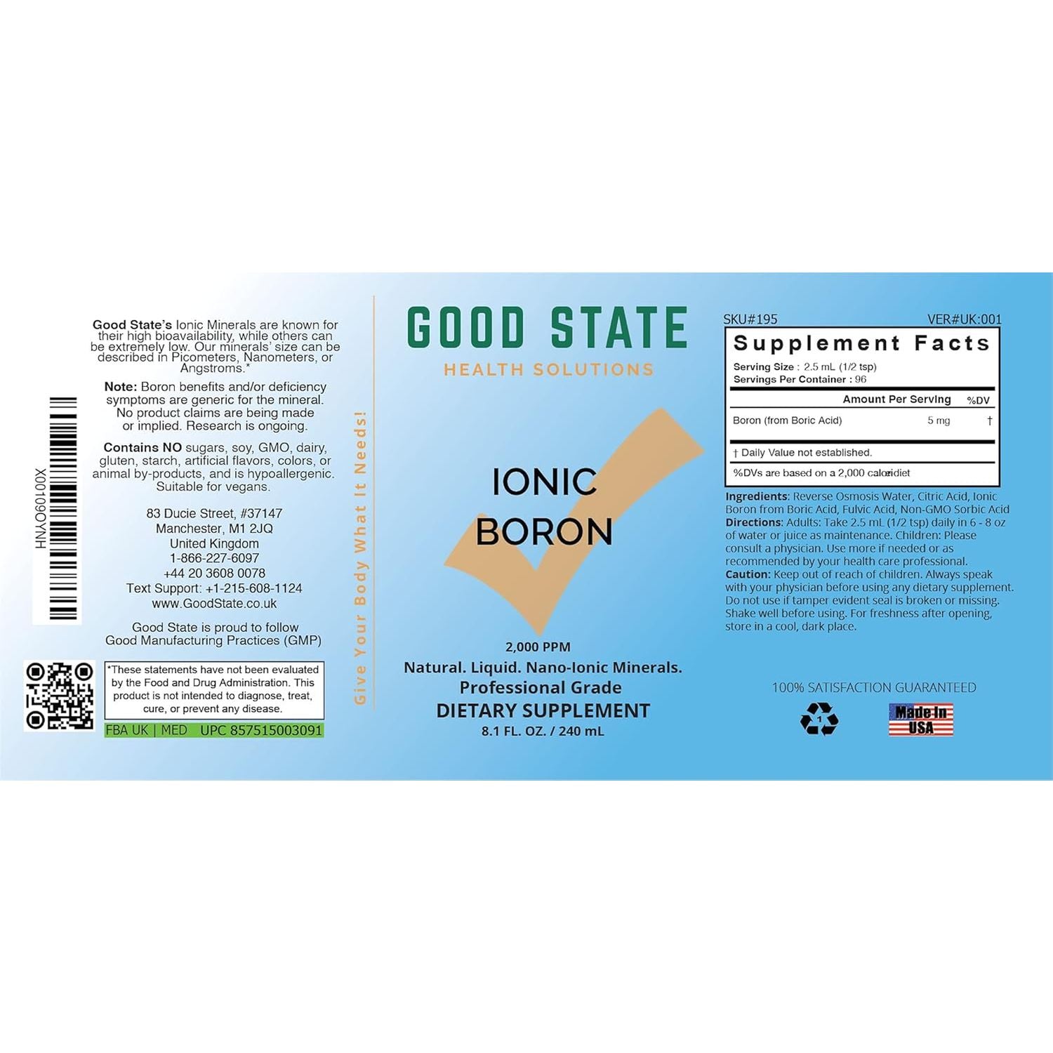 Good State | Liquid Ionic Boron | Dietary Supplement | Great for Enhanced Muscle Coordination | 120 Servings at 5 Mg | 8 Fl Oz Bottle