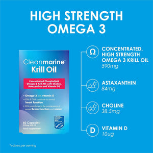 Cleanmarine Krill Oil – Packed with EPA & DHA – Omega 3 with Added Astaxanthin and Choline – Vitamin D – Heart, Eye & Brain Health – Joint & Immune Support - 30 Capsules