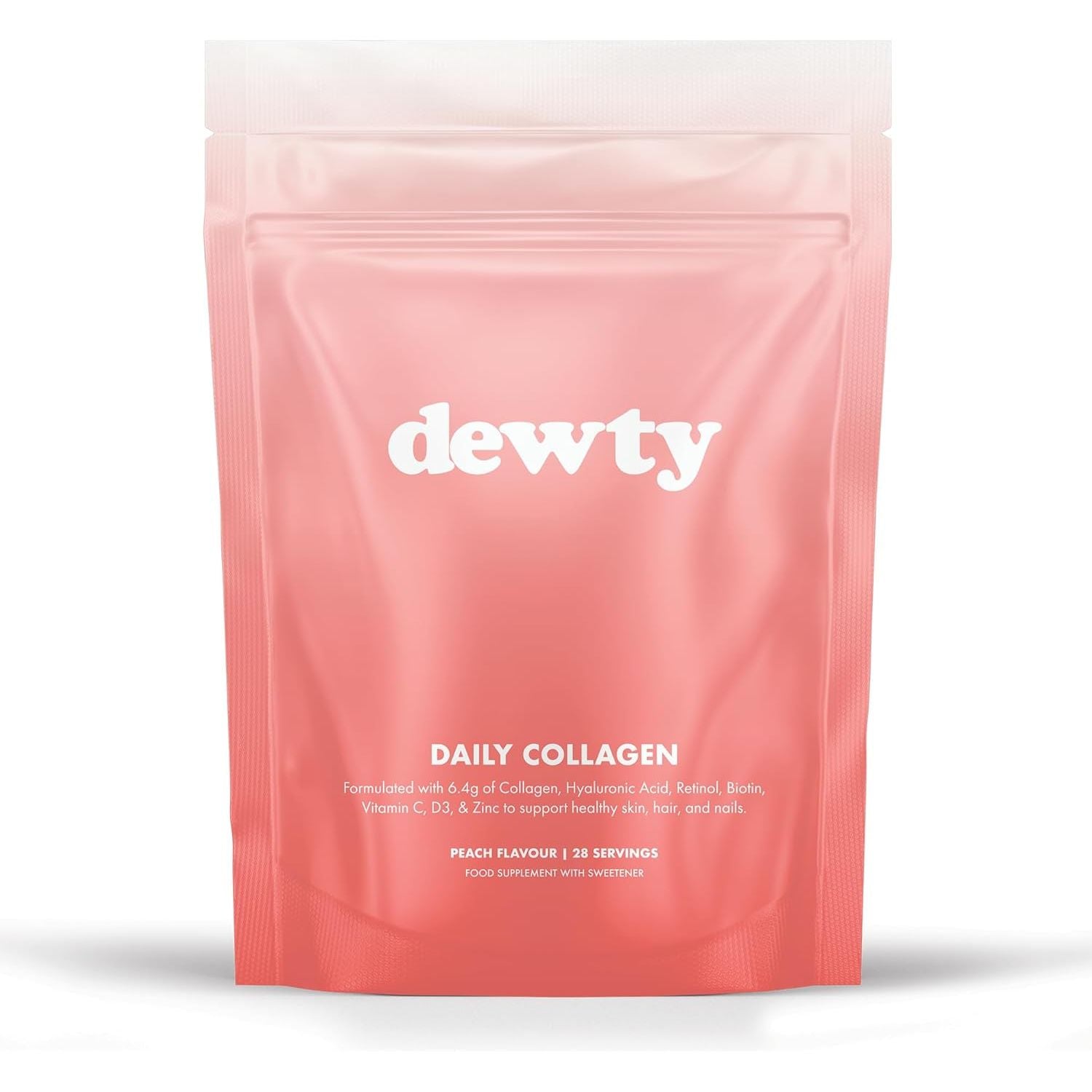 Dewty Collagen Powder - 6400Mg Peach Flavour Daily Collagen Supplement for Women - 6400Mg of Collagen with Hyaluronic Acid, Biotin & Retinol, Beneficial for Skin, Hair, Nails & Joints (28-Day Pouch)