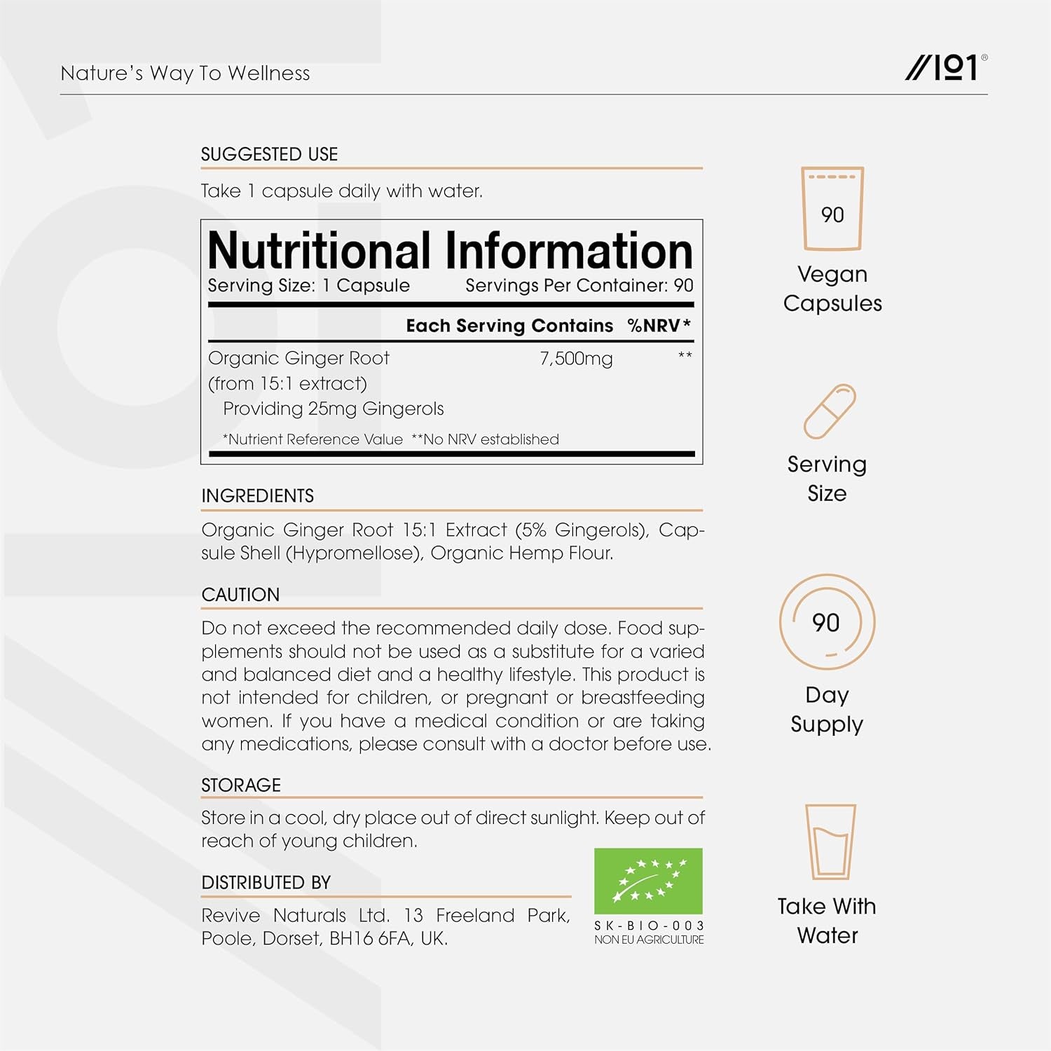 Organic Ginger Extract 7500Mg – Standardised 5% Gingerols (25Mg) - 90 Vegan Capsules (3 Months Supply) – Resealable and Recyclable Pouch by Alpha01