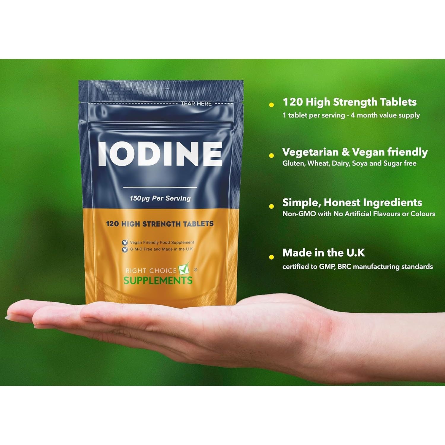 Iodine 150Mcg 120 Tablets | Max Strength Potassium Iodide | Natural Source of Iodine from Potassium Iodide | Thyroid Supplement | Vegan UK Made | GMP Approved