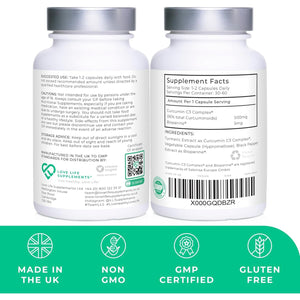 Curcumin 95 + Bioperine® by LLS | High Strength Turmeric Curcumin Capsules Containing 96.9% Curcuminoids and Black Pepper Extract | 500Mg X 60 Veg Capsules | Made in UK under GMP/BRC License
