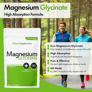 Magnesium Glycinate by Your Supplements | UK Made | True Unblended Bisglycinate | 90 High Absorption Capsules | Suitable for Vegetarians & Vegans