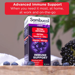 Sambucol Natural Black Elderberry Extra Defence Liquid | Vitamin C, B6 & D | Zinc | Folic Acid & Minerals |Advanced Immune Support Supplement | 120Ml