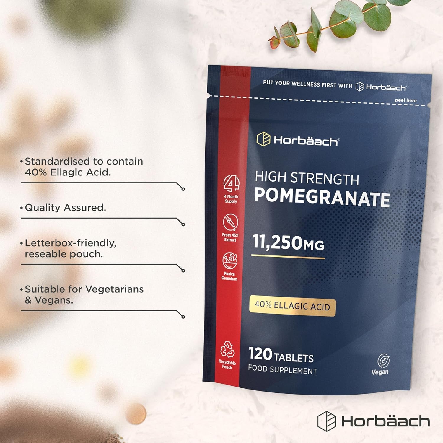 Pomegranate Extract 11,250Mg | 120 Tablets (4 Month Supply) | High Strength Vegan Supplement with 100Mg of Ellagic Acid | 45:1 Extract Formula | by Horbaach