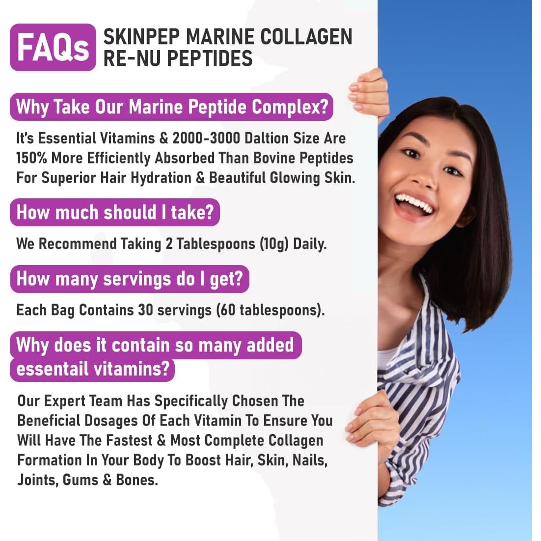 Premium Hydrolysed Marine Collagen Peptide Powder + VIT C, B Complex Hyaluronic Acid, & Stevia. Clean Light Taste/No Fishy Smell - Skinpep Collagen Re-Nu 300G - 30 Days Supply