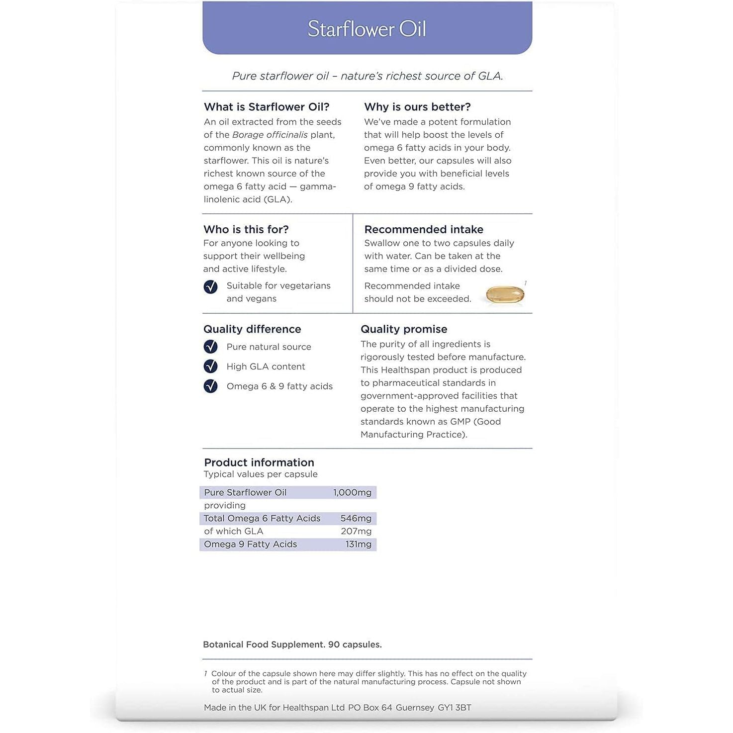 Starflower Oil 1,000Mg (90 Capsules) | Healthspan | Richest Source of Gamma-Linolenic Acid (GLA) | Women'S Health | 207Mg GLA & 131Mg Omega 9 Fatty Acids per Capsule | Vegan