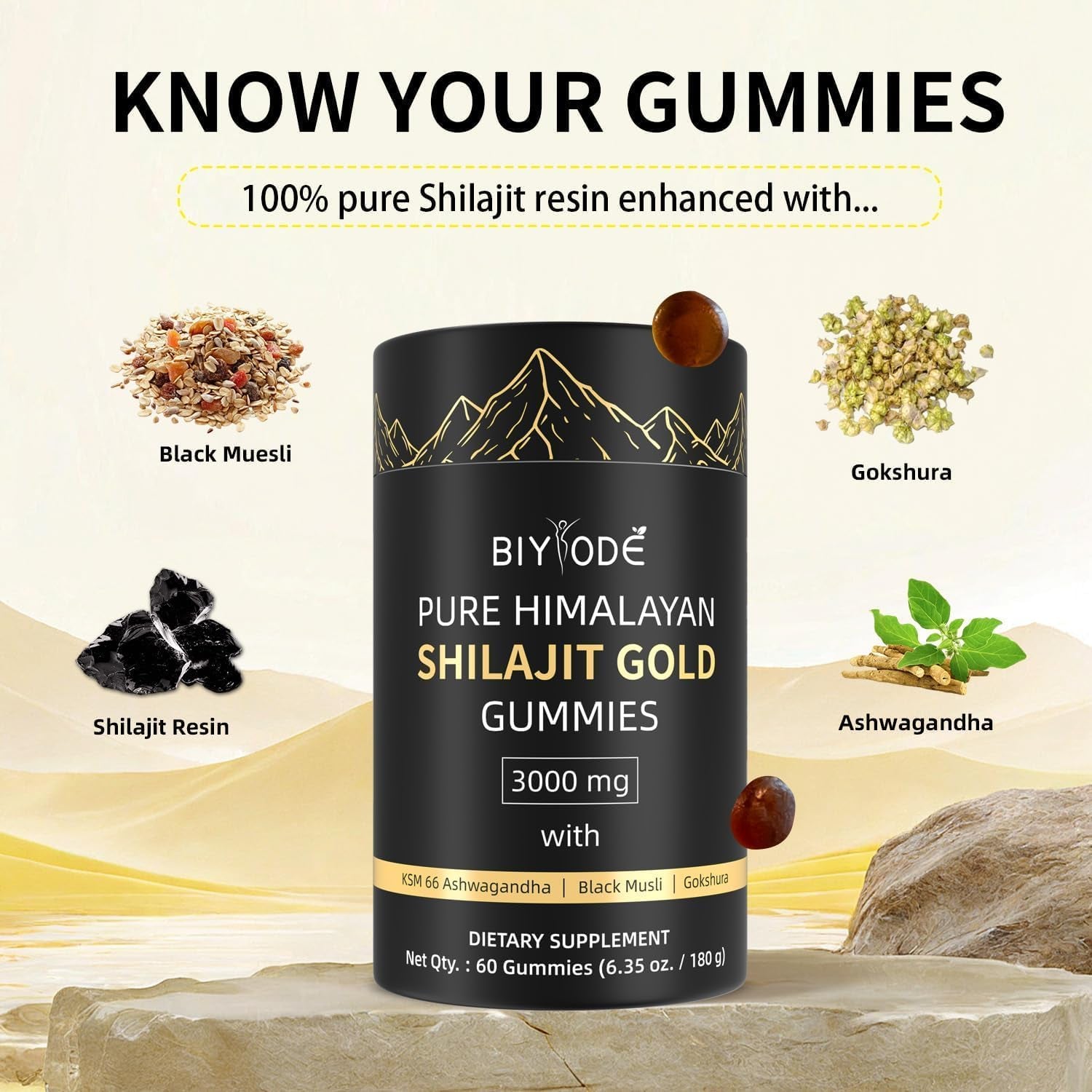 Shilajit Gummies - Pure Himalayan Shilajit Gummies Gold, Fulvic Acid & 85+ Trace Minerals I - Vegan, Non-Gmo,Individually Wrapped for Travel - 60 Gummies