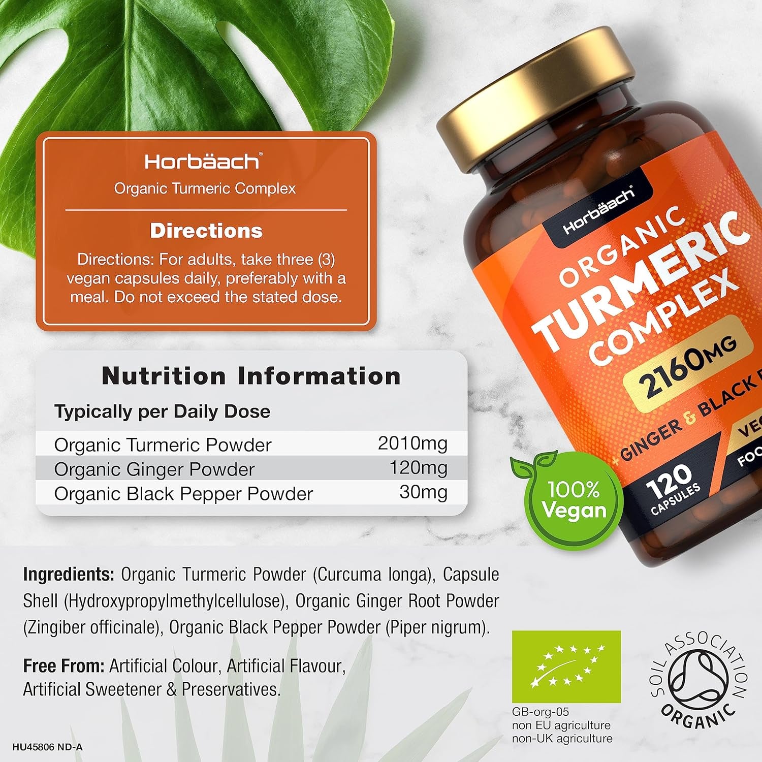 Organic Turmeric and Black Pepper Capsules | 2160Mg | High Strength Curcumin with Ginger | 120 Vegan Capsules | by Horbaach