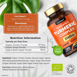 Organic Turmeric and Black Pepper Capsules | 2160Mg | High Strength Curcumin with Ginger | 120 Vegan Capsules | by Horbaach