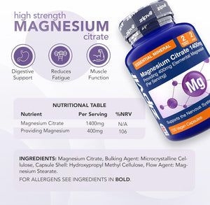 Zipvit Magnesium Citrate 1400Mg, Provides 400Mg Elemental Magnesium, Highly Absorbable for Bone, Muscle & Energy Support. 120 Vegan Capsules, 2 a Day, 2 Months Supply.