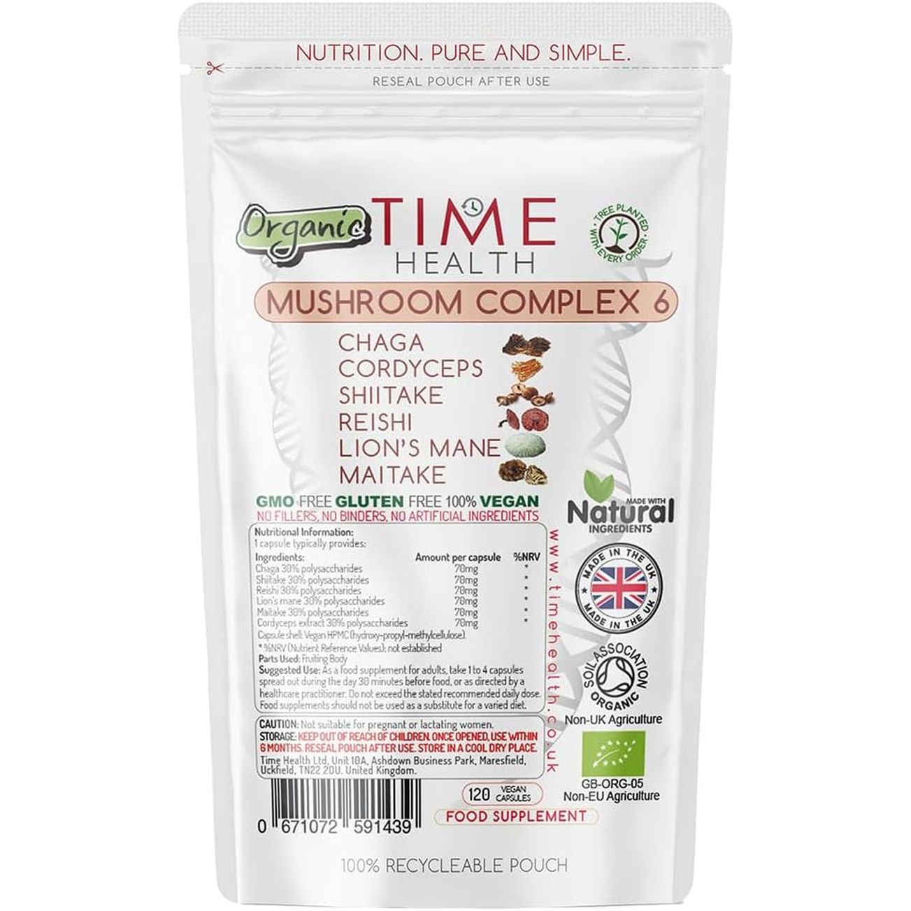 Mushroom Complex 6 Organic – High Strength 30% Polysaccharides - Chaga, Cordyceps, Shiitake, Reishi, Lions Mane, Maitake - UK Manufactured (120 Capsule)