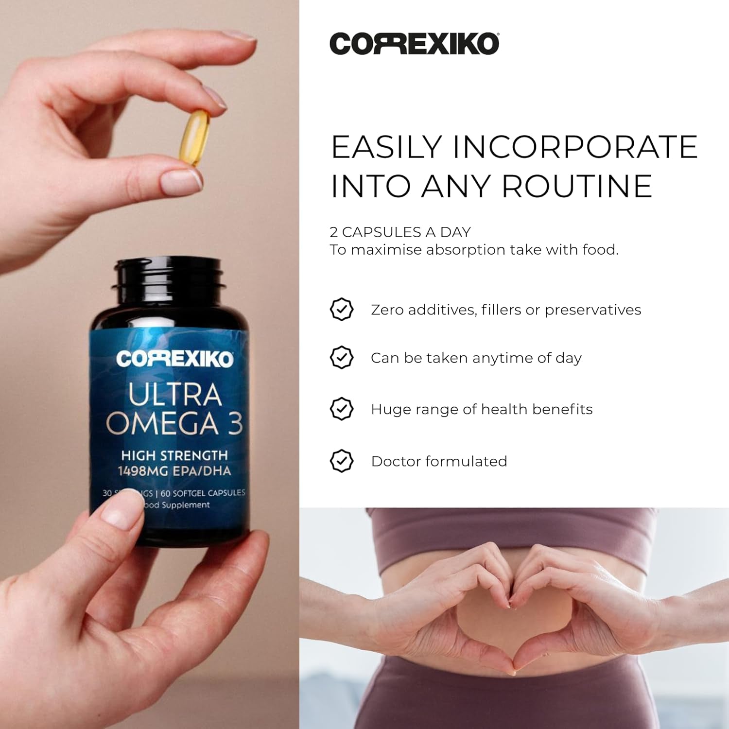 CORREXIKO Ultra Omega 3 Capsules - High Strength 1000Mg EPA & 498Mg DHA - Aids Skin Hydration to Reduce Fine Lines & Dry, Dehydrated Skin - Supports Joint & Brain Health - 60 Tablets, 1 Month Supply