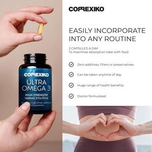 CORREXIKO Ultra Omega 3 Capsules - High Strength 1000Mg EPA & 498Mg DHA - Aids Skin Hydration to Reduce Fine Lines & Dry, Dehydrated Skin - Supports Joint & Brain Health - 60 Tablets, 1 Month Supply