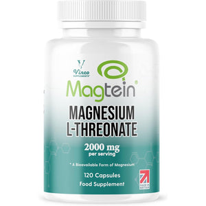 Vinco Magtein® Magnesium L-Threonate Supplement - 120 High Strength Magnesium L Threonate Capsules - 2000Mg Bioavailable Form of Magnesium per Serving - Non-Gmo & Gluten Free – Made in the UK