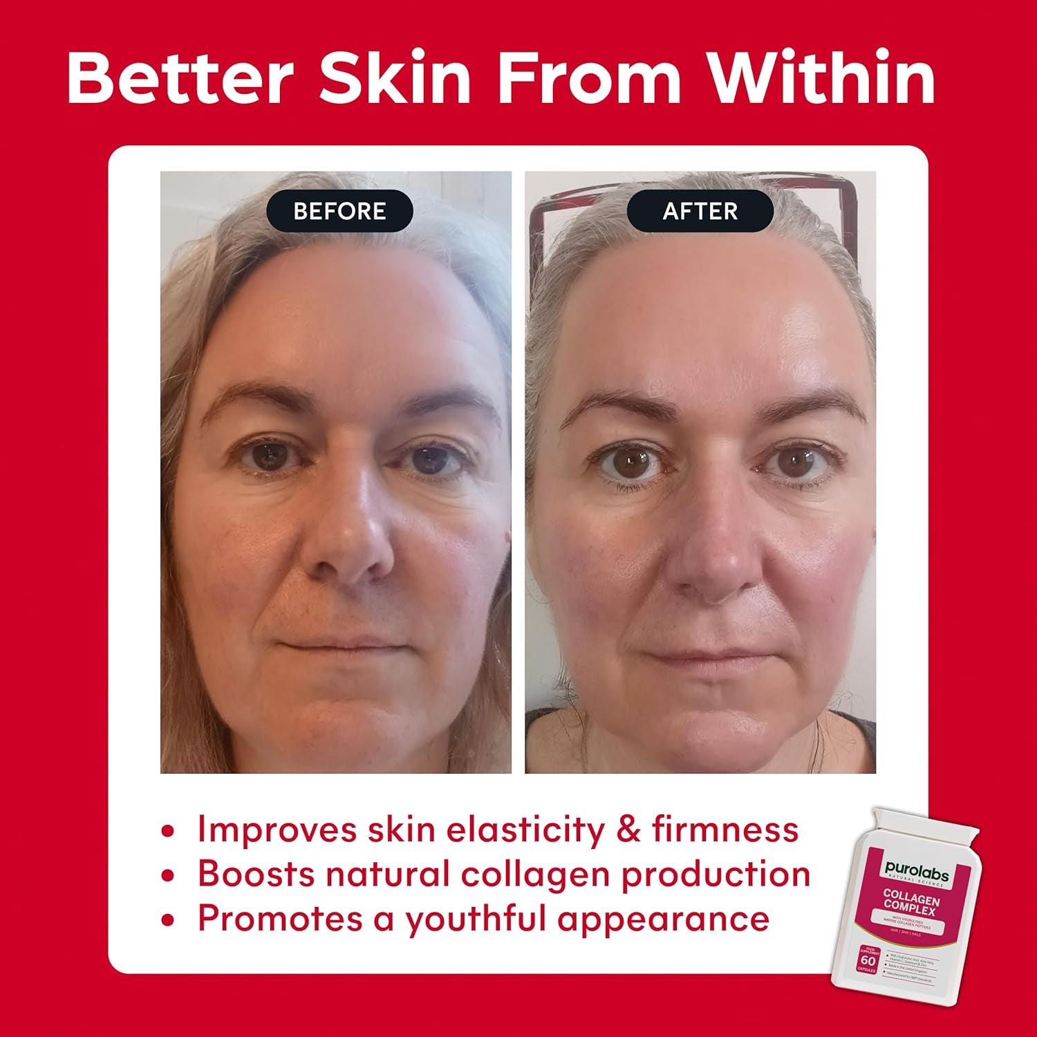 Purolabs Marine Collagen Complex - Collagen Supplement for Women & Men - with Hyaluronic Acid & Vitamin C - High Strength Type 1 Hydrolyzed Collagen Peptides - 60 Capsules - Skin, Hair & Nails