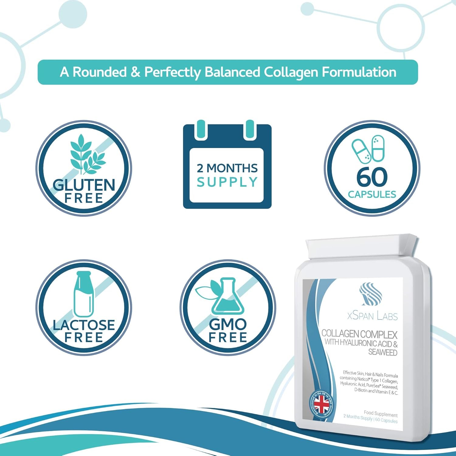 Collagen Complex with Hyaluronic Acid & Seaweed - 60 Capsules - Skin, Hair & Nails Formula with Added D-Biotin, Vitamin E & C - Highly Bioavailable Naticol® Hydrolysed Marine Collagen 500Mg