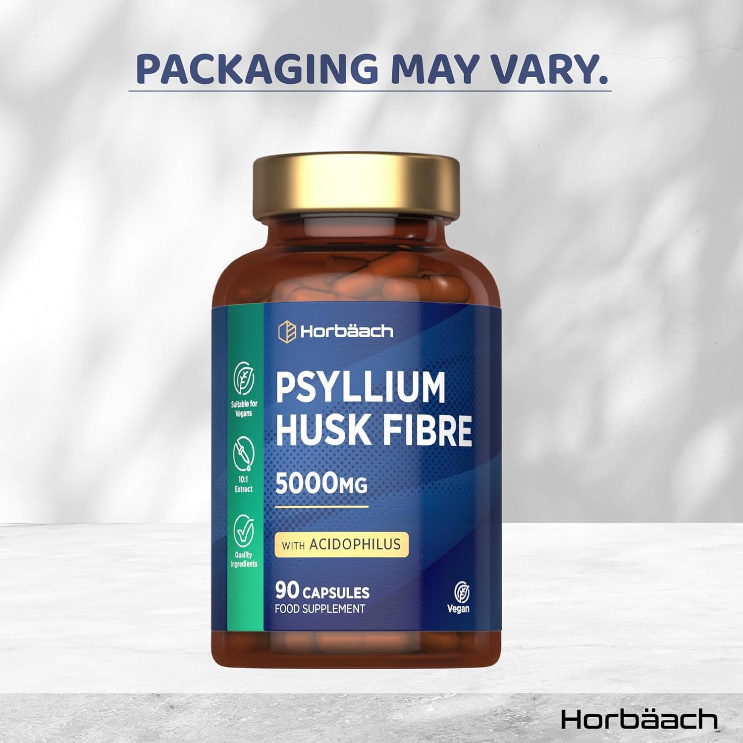 Psyllium Husk Capsules 5000Mg with Acidophilus | Natural Soluble Fibre Supplement with Probio | Plantago Ovata Seed Husk Extract | 90 Vegan Capsules | by Horbaach