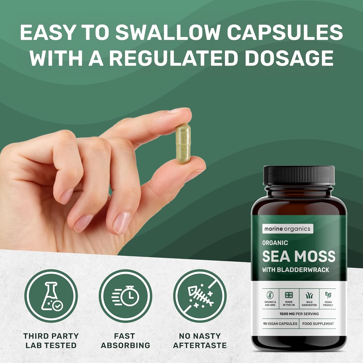 Marineorganics Organic Sea Moss Capsules - 90 Irish Sea Moss and Bladderwrack Capsules - Iodine Tablets - UK Wild Harvested Seamoss - High Potency